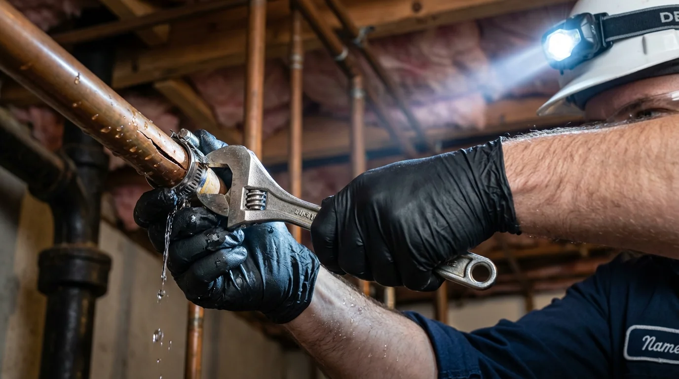 Emergency pipe clamp repair being performed by a Johns Plumbing LLC plumber in Christiana