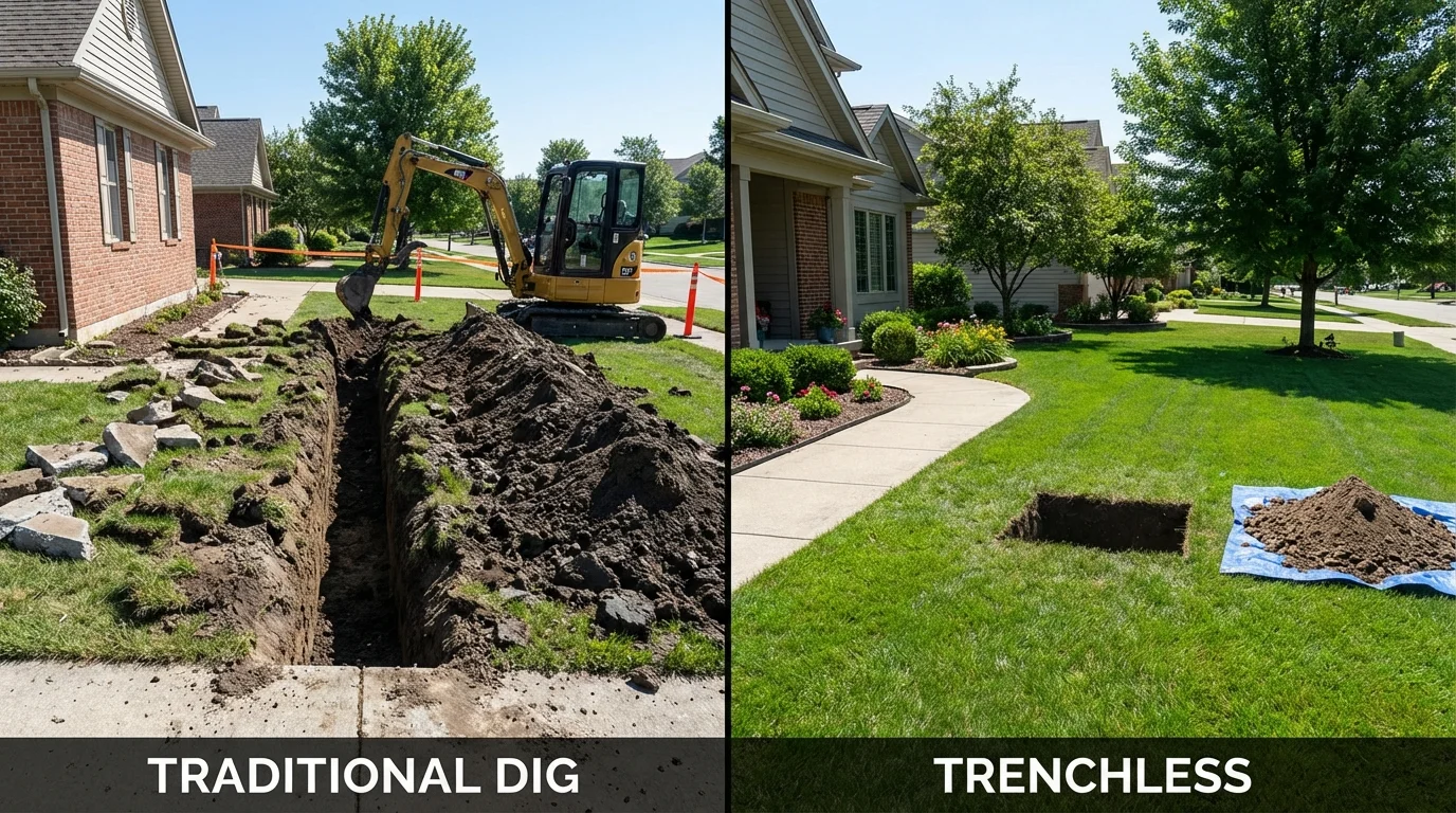 Trenchless sewer repair with minimal yard damage versus traditional excavation in Christiana, TN