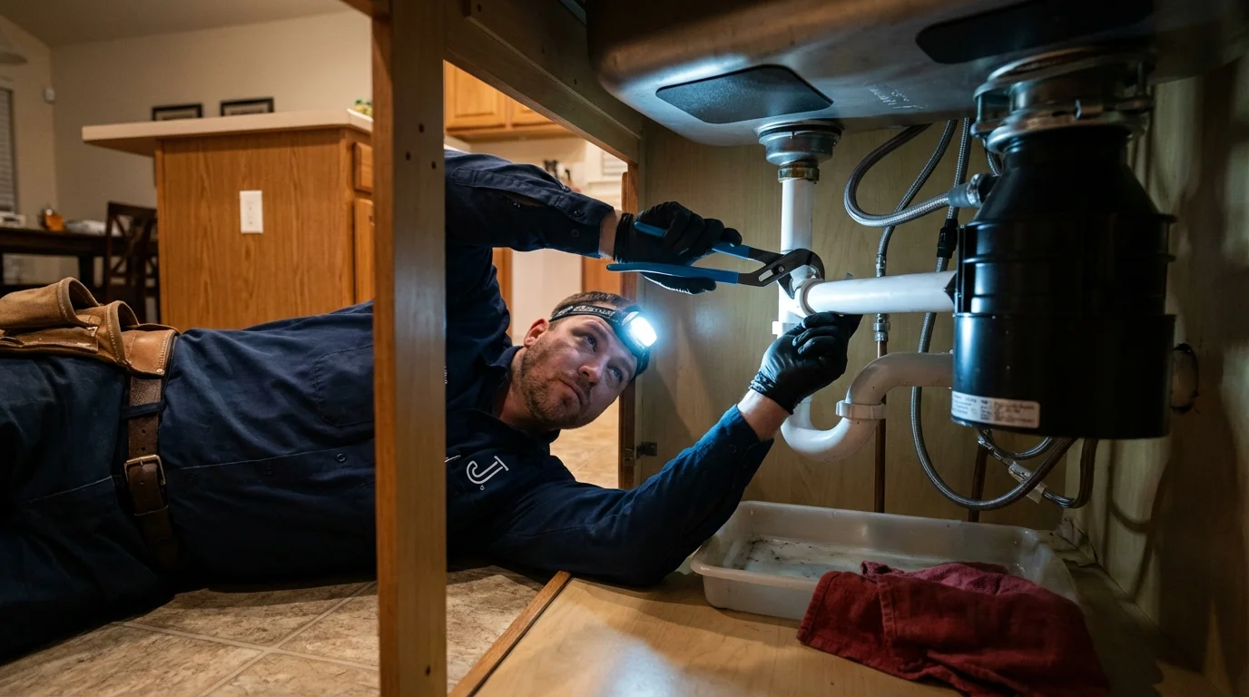 P-trap and supply line connections under a kitchen sink showing a common leak point in Christiana, TN